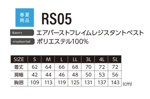 イーブンリバー RS05 エアバーストフレイムレジスタントベスト AIRBURSTFLAME RESISTANT TEXありふれたウェアでは満足しないもう一歩先の機能性EFウェアの登場高密度に織り込まれた素材が生地からの風抜けを低減し、効果的に衣服内の風を循環させる。そして日差しを感じやすい上半身の一部や袖に遮熱効果の高い裏アルミ加工を採用し、衣服内の温度上昇を抑制。また難燃加工で生地全体をコーティングする事で、万一の接炎でも燃え広がりにくい。point1.難燃加工。燃え広がりにくい。point2.遮熱素材。暑さを抑えて快適。上半身上側や袖に遮熱素材を採用。裏アルミコーティング。point3.サイドファン。座席と干渉しにくい。ファン取付位置は脇側に配置。※ファン・バッテリー等デバイスは別売りとなります。WARNING●溶接、たき火、ストーブ、鋳造現場などの火気を扱う現場では絶対に着用しないでください。ファンに火花火の粉が入る様な状態での作業には使用しないでください。●万が一の接炎でも燃え広がりにくい加工を施しておりますが､危険性が高い作業環境(炉前等の熱現場および溶接現場のようなスパッタが発生する作業環境)での着用を推奨するものではありません。 サイズ／スペック