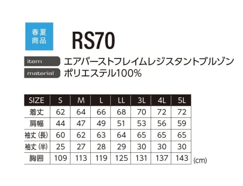 イーブンリバー RS70 エアバーストフレイムレジスタントブルゾン AIRBURSTFLAME RESISTANT TEXありふれたウェアでは満足しないもう一歩先の機能性EFウェアの登場高密度に織り込まれた素材が生地からの風抜けを低減し、効果的に衣服内の風を循環させる。そして日差しを感じやすい上半身の一部や袖に遮熱効果の高い裏アルミ加工を採用し、衣服内の温度上昇を抑制。また難燃加工で生地全体をコーティングする事で、万一の接炎でも燃え広がりにくい。多様化する現場ニーズに対応するために、ブルゾンタイプはファスナーで長袖・半袖の切り替えが可能になっており、気温や着用シーンに応じてスタイルチェンジが可能。point1.難燃加工。燃え広がりにくい。point2.遮熱素材。暑さを抑えて快適。上半身上側や袖に遮熱素材を採用。裏アルミコーティング。point3.サイドファン。座席と干渉しにくい。point4.長袖or半袖。ファスナーで袖脱着可。袖ファスナー脱着式で簡単にスタイルチェンジ。※ファン・バッテリー等デバイスは別売りとなります。WARNING●溶接、たき火、ストーブ、鋳造現場などの火気を扱う現場では絶対に着用しないでください。ファンに火花火の粉が入る様な状態での作業には使用しないでください。●万が一の接炎でも燃え広がりにくい加工を施しておりますが､危険性が高い作業環境(炉前等の熱現場および溶接現場のようなスパッタが発生する作業環境)での着用を推奨するものではありません。 サイズ／スペック