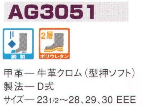 エンゼル AG3051 ウレタン2層スニーカー（ヒモ）（受注生産） エンゼルを履く。安全・安心・快適を履く。あらゆる作業に対応するスタンダードタイプから、さまざまな専門作業に対応するタイプまで、豊富な種類を取り揃えたエンゼル安全靴。VIP製法をはじめとする最新構造や厳選された素材により生みだされる優れた機能が、プロフェッショナルの作業を足元からしっかりサポートし、安全・安心・快適な履き心地をお約束します。※この商品は受注生産品となっております。ご注文後のキャンセル、返品及び交換は出来ませんのでご注意下さい。※なお、この商品のお支払方法は、前払いにて承り、ご入金確認後の手配となります。 サイズ／スペック