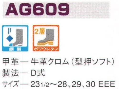 エンゼル AG609 ウレタン2層長マジック エンゼルを履く。安全・安心・快適を履く。あらゆる作業に対応するスタンダードタイプから、さまざまな専門作業に対応するタイプまで、豊富な種類を取り揃えたエンゼル安全靴。VIP製法をはじめとする最新構造や厳選された素材により生みだされる優れた機能が、プロフェッショナルの作業を足元からしっかりサポートし、安全・安心・快適な履き心地をお約束します。 サイズ／スペック