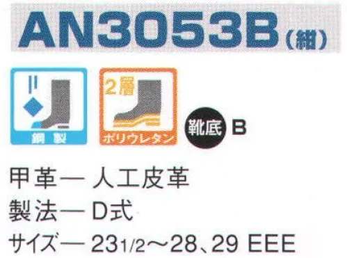 エンゼル AN3053B ウレタン2層人工革スニーカー（マジック） エンゼルを履く。安全・安心・快適を履く。あらゆる作業に対応するスタンダードタイプから、さまざまな専門作業に対応するタイプまで、豊富な種類を取り揃えたエンゼル安全靴。VIP製法をはじめとする最新構造や厳選された素材により生みだされる優れた機能が、プロフェッショナルの作業を足元からしっかりサポートし、安全・安心・快適な履き心地をお約束します。 サイズ／スペック