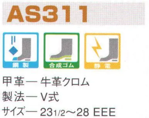 エンゼル AS311 制電半長靴 エンゼルを履く。安全・安心・快適を履く。あらゆる作業に対応するスタンダードタイプから、さまざまな専門作業に対応するタイプまで、豊富な種類を取り揃えたエンゼル安全靴。VIP製法をはじめとする最新構造や厳選された素材により生みだされる優れた機能が、プロフェッショナルの作業を足元からしっかりサポートし、安全・安心・快適な履き心地をお約束します。独自開発の電気抵抗調整体を採用し、電気抵抗値を一定に保持。人体に帯電する静電気をアースし、可燃性物質への引火を防ぎます。 サイズ／スペック