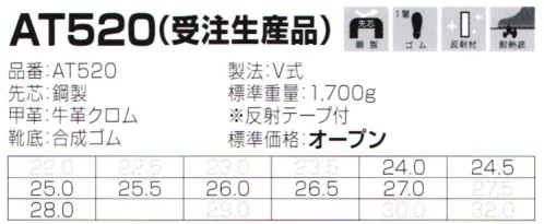 エンゼル AT520 耐熱長靴マジック(受注生産品) 靴底に耐熱合成ゴムを採用。高温のアスファルトの上での長時間作業を可能にしました。舗装工事最大の悩みでもある足跡の付きにくい底意匠を使用。※この商品は受注生産品となっております。ご注文後のキャンセル・返品・交換ができませんので、ご注意下さいませ。※受注生産品のお支払方法は、先振込（代金引換以外）にて承り、ご入金確認後の手配となります。 サイズ／スペック