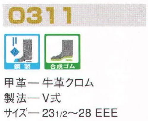 エンゼル O311 外鋼板半長靴 エンゼルを履く。安全・安心・快適を履く。あらゆる作業に対応するスタンダードタイプから、さまざまな専門作業に対応するタイプまで、豊富な種類を取り揃えたエンゼル安全靴。VIP製法をはじめとする最新構造や厳選された素材により生みだされる優れた機能が、プロフェッショナルの作業を足元からしっかりサポートし、安全・安心・快適な履き心地をお約束します。外側にキャップをつけ、爪先部の皮のはがれや破損を防止。鉄鋼、造船、鉱山などの作業に適しています。 サイズ／スペック