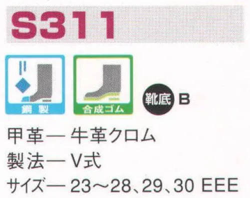 エンゼル S311 半長靴 エンゼルを履く。安全・安心・快適を履く。あらゆる作業に対応するスタンダードタイプから、さまざまな専門作業に対応するタイプまで、豊富な種類を取り揃えたエンゼル安全靴。VIP製法をはじめとする最新構造や厳選された素材により生みだされる優れた機能が、プロフェッショナルの作業を足元からしっかりサポートし、安全・安心・快適な履き心地をお約束します。安全性、耐久性に優れ、あらゆる作業に対応。短靴タイプからブーツタイプまで豊富に取り揃えています。 サイズ／スペック