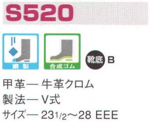 エンゼル S520 長マジック エンゼルを履く。安全・安心・快適を履く。あらゆる作業に対応するスタンダードタイプから、さまざまな専門作業に対応するタイプまで、豊富な種類を取り揃えたエンゼル安全靴。VIP製法をはじめとする最新構造や厳選された素材により生みだされる優れた機能が、プロフェッショナルの作業を足元からしっかりサポートし、安全・安心・快適な履き心地をお約束します。安全性、耐久性に優れ、あらゆる作業に対応。短靴タイプからブーツタイプまで豊富に取り揃えています。 サイズ／スペック