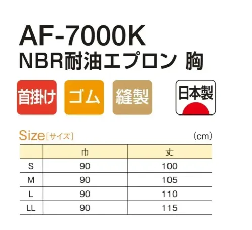 船橋 AF-7000K NBR耐油エプロン 胸(首掛けタイプ) 食品衛生法適合の軽量素材AF-7000K NBR耐油エプロン 胸 (首掛けタイプ)環境にやさしいノンダイオキシン・ノンフタル酸素材を使った油に強い軽量エプロン。大腸菌やO-157の増殖を抑えるすぐれた抗菌効果にも注目。●CSMゴムしなやかな素材のためりやすく、程よい摩擦でほどけにくいヒモです。●ニッケル金属探知機に反応するため、異物混入対策として定番商品に採用しています。※この商品はご注文後のキャンセル、返品及び交換は出来ませんのでご注意下さい。※なお、この商品のお支払方法は、前払いにて承り、ご入金確認後の手配となります。 サイズ／スペック