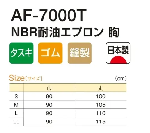 船橋 AF-7000T NBR耐油エプロン 胸(タスキ掛けタイプ) 食品衛生法適合の軽量素材AF-7000K NBR耐油エプロン 胸 (タスキ掛けタイプ)環境にやさしいノンダイオキシン・ノンフタル酸素材を使った油に強い軽量エプロン。大腸菌やO-157の増殖を抑えるすぐれた抗菌効果にも注目。●CSMゴムしなやかな素材のためりやすく、程よい摩擦でほどけにくいヒモです。●ニッケル金属探知機に反応するため、異物混入対策として定番商品に採用しています。※商品番号「AF-7000」よりリニューアルいたしました。※この商品はご注文後のキャンセル、返品及び交換は出来ませんのでご注意下さい。※なお、この商品のお支払方法は、前払いにて承り、ご入金確認後の手配となります。 サイズ／スペック