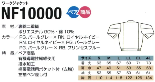 フジダルマ NF10000 ワークジャケット 静電気帯電防止素材●有機導電性繊維の放電によって静電気を除去する効果があります。●下着素材の種類による影響が少なく、低温度でも充分な帯電防止効果があります。裏面二重織り●表はポリエステル100％、裏はポリエステル65％・綿35％で機能性に優れています。●保温性・吸汗性がよく、冬は暖かで快適な着心地です。撥水加工素材●表面は水をよくはじきますので、水性の汚れはハンカチなどで簡単に拭き落とすことができます。 サイズ／スペック