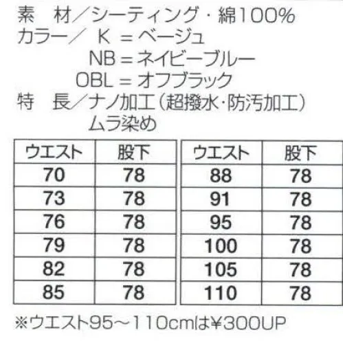 フジダルマ NH608 ツータックスラックス 最新のナノテクが実現した水や油を弾く綿100％のハイテク素材。ナチュラル感覚のムラ染めがシックな、汚れに強い次世代ユニフォームです。 サイズ／スペック