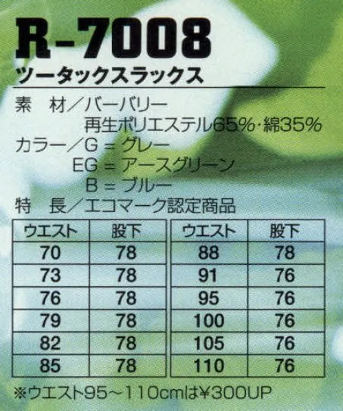 フジダルマ R-7008 ツータックスラックス 人と地球環境を考えたら使用済みペットボトルが、ユニフォームに生まれ変わりました。人と地球環境を考え作られたペットサイクル繊維。そのマテリアルを使用したエコロジーなユニフォームは、あなたのビジネスシーンに好印象を与えます。思いやりから生まれた未来派マテリアル。【KURARAPET（クララペット）】クラレが開発したクララペットは、回収ペットボトルから再生したエコロジカルな繊維です。豊かな自然を守ることは私たち人類の使命です。クラレは使用済みペットボトルから繊維を作り、環境保全を推進しています。 サイズ／スペック