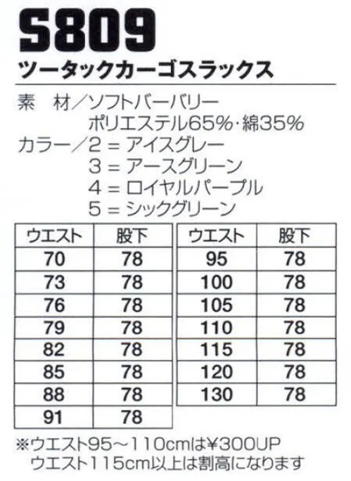 フジダルマ S809 ツータックカーゴスラックス ソフトな風合いの静電気帯電防止素材に豊富な機能で快適なワーキングを。やさしい肌触り快適素材FEEL SOFT（フィールソフト）。静電気帯電防止素材、ソフトな風合い、上品な光沢。※「2 アイスグレー」「4 ロイヤルパープル」は在庫限りです。 サイズ／スペック