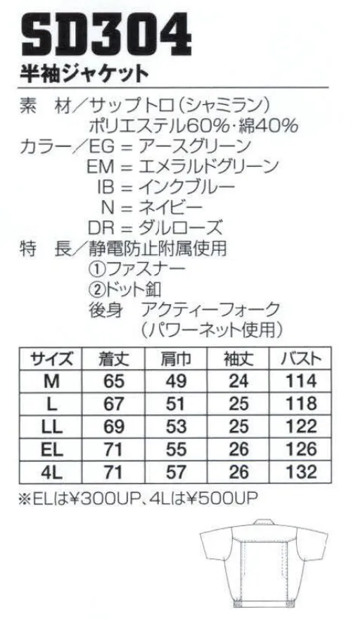 フジダルマ SD304 半袖ジャケット 動きらくらくアクティフォーク。背中の工夫されたカッティング、アクティフォークで腕まわりの動きがラクになりました。アイテム、カラーともに豊富なシリーズです。超制電繊維、東レ ルアナ使用。背中のパワーネットにはストレッチ性に優れた素材を使用。※「IB インクブルー」は在庫限りです。 サイズ／スペック