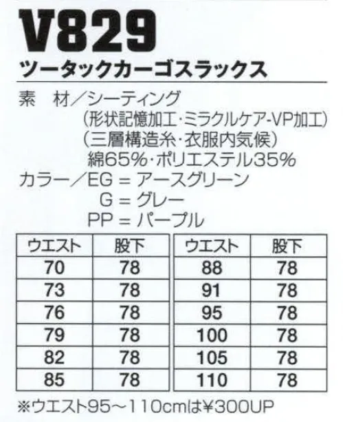 フジダルマ V829 ツータックカーゴスラックス 形状記憶加工【東洋紡 ミラクルケア】東洋紡が米国のAmerican TeXtile Processing社と技術提携し、開発した綿、麻、レーヨンなどセルロース系繊維（混紡品を含む）の衣料品に付与する究極の形態安定加工です。従来の樹脂加工とはまったく異なる加工で、多種類の気相（Vapor Phase)を微妙にコントロールし、繊維間に最も望ましい状態の架橋結合を行います。従ってVP加工された衣料品は、永続性の強い画期的な特徴を発揮します。●特長1.永続する防縮性。2.永続する防シワ性。3.優れた保型性。4.優れた柔軟性。5.優れた速乾性。※「PP パープル」は在庫限りです。 サイズ／スペック