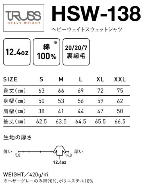 フェリック HSW-138 ヘビーウェイトスウェットシャツ TRUSSHEAVY WEIGHTサイドリブと幅広のリブがヴィンテージ風のスウェット。●二重のサイドリブ横方向への縮みを防ぎ着用しやすさ、動きやすさを得ています。●保温性に優れた12.4oz裏起毛●身頃の生地を横向きに使用縦方向への縮みを少なくする為の仕様です。※「HSP-136」・「HSZ-137」とは異なります。※この商品はご注文後のキャンセル、返品及び交換は出来ませんのでご注意下さい。※なお、この商品のお支払方法は、先払いのみにて承り、ご入金確認後の手配となります。 サイズ／スペック