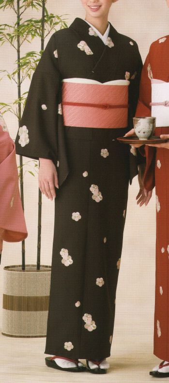 風香 KI-1017 単衣着物（ねじり梅） ねじり梅・ひねり梅とも呼ばれるこの意匠は、梅の花を文様化した柄で、着物や冬季など幅広く使われています。梅に松葉を散らし商売（松梅）繁盛の意も込められています。日本の心を着こなす機能美。伝統が華やぐ着物スタイル。優雅な気品とひとクラス上のゆとりを演出。装う方の凛とした美しさとさりげないお店のセンスの良さを語ります。ここが魅力！ 1．色柄が豊富です。 お店の雰囲気、季節、と予算に応じて最もふさわしい装いがお選びいただける豊富な色柄を揃えています。  2．丸洗いできます。 ポリエステル100％素材を使用しているためシワになりにくく、洗濯機で丸洗いできます。 3．とても丈夫です。 ミシン仕立てなので、ほつれや型くずれの心配がなく丈夫。毎日のご着用に優れた耐久性を発揮します。 4．着付けは簡単！ すべての帯は誰でも素早く簡単に着装できるワンタッチ式に加工することができ、着付けもラクラクです 。※二部式仕立てにできます。ご希望の際は別途お問合せ下さい。※この商品は受注生産になります。※受注生産品につきましては、ご注文後のキャンセル、返品及び他の商品との交換、色・サイズ交換が出来ませんのでご注意くださいませ。※受注生産品のお支払い方法は、先振込（代金引換以外）にて承り、ご入金確認後の手配となります。