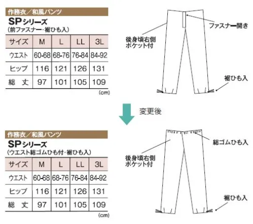 風香 SP-5501 和風パンツ あなたのお店を素敵にコーディネイト。ぬくもりを感じる作務衣スタイル。カジュアルでありながらきちんとした印象をあたえ、日本の美しさを心地よく魅力的におもてなしの心にそえてお届けします。●ここが魅力！1．ユニセックス 男女兼用で着用いただけるスタイルなので、お店のイメージづくりがトータルにできて、印象ひときわ！2．アクティブ 簡単に着用でき動きやすいので、年輩の方はもちろん若い方にも好評。3．イージーケア ポリエステル100％でシワになりにくく、丸洗いOK。※2022年4月上旬より順次、仕様変更致します。商品は在庫の都合上、新旧が混在する恐れがございますので予めご了承ください。【旧】前ファスナー、裾ひも入り↓【新】ウエスト総ゴム ひも付、裾ひも入ウエスト総ゴムにすることで、従来よりも脱ぎ履きしやすい仕様に生まれ変わりました。 サイズ／スペック