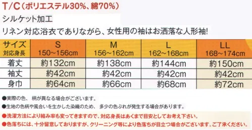 風香 YU-3725 リネンゆかた（恋占い） いつもと違うゆかた姿に心も会話もはずむ時間。豊富なバリエーションからお気に入りの1枚を。 風香のリネンゆかたの「こだわり」は、お客さまのくつろぎの時間のために―――おはしょりなしだから、誰でも簡単に着られます。部屋着、寝巻はもちろん、外湯まわりにもぴったりです。色柄、サイズは豊富に。リネン用としての使いやすさ、丈夫さを追求しました。 ●生地。T/C（ポリエステル30％・綿70％）のシルケット加工をした生地を使用しております。染色性向上の為にシルケット加工しておりますので光沢、寸法安定、吸湿性にも優れています。また、綿100％の生地よりも丈夫で縮み率も少ないのが特徴です。 ●縫製のこだわり。リネン対応浴衣としての縫製のこだわり。丈夫で使いやすくする為に・・・。 ◎ほつれやすい袖付けには力布で補強をしております。 ◎袖口、裾、脇にはダブルステッチ縫製を施しております。 ※ダブルステッチ縫製はシングルステッチ縫製に比べほつれにくく、強度が高いのが特徴です。 ●お客様の満足度！お客様にお好みの柄を選んでいただく事で、選べる楽しみができます。お客様の会話もはずむツールです。また非日常や癒しを演出！お客様の満足度がアップ！※帯は「OB-3762」、履物は「CU-8030」になります。※実際の色、柄が異なる場合がございます。※生地の色柄や風合いを生かした染織のため、多少色ぶれが発生する場合があります。※洗濯方法により縮み率も変わってきますので、対応身長はあくまでも目安としてお考えください。※色落ちには、十分留意しておりますが、クリーニング等により色落ちが目立つ場合がございますので、予めご了承ください。※帯は別売りです。 サイズ／スペック