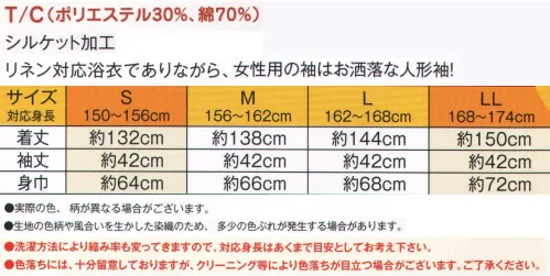 風香 YU-3727 リネンゆかた（花てまり） いつもと違うゆかた姿に心も会話もはずむ時間。豊富なバリエーションからお気に入りの1枚を。 風香のリネンゆかたの「こだわり」は、お客さまのくつろぎの時間のために―――おはしょりなしだから、誰でも簡単に着られます。部屋着、寝巻はもちろん、外湯まわりにもぴったりです。色柄、サイズは豊富に。リネン用としての使いやすさ、丈夫さを追求しました。 ●生地。T/C（ポリエステル30％・綿70％）のシルケット加工をした生地を使用しております。染色性向上の為にシルケット加工しておりますので光沢、寸法安定、吸湿性にも優れています。また、綿100％の生地よりも丈夫で縮み率も少ないのが特徴です。 ●縫製のこだわり。リネン対応浴衣としての縫製のこだわり。丈夫で使いやすくする為に・・・。 ◎ほつれやすい袖付けには力布で補強をしております。 ◎袖口、裾、脇にはダブルステッチ縫製を施しております。 ※ダブルステッチ縫製はシングルステッチ縫製に比べほつれにくく、強度が高いのが特徴です。 ●お客様の満足度！お客様にお好みの柄を選んでいただく事で、選べる楽しみができます。お客様の会話もはずむツールです。また非日常や癒しを演出！お客様の満足度がアップ！※帯は「OB-3753」、履物は「CU-8030」になります。※実際の色、柄が異なる場合がございます。※生地の色柄や風合いを生かした染織のため、多少色ぶれが発生する場合があります。※洗濯方法により縮み率も変わってきますので、対応身長はあくまでも目安としてお考えください。※色落ちには、十分留意しておりますが、クリーニング等により色落ちが目立つ場合がございますので、予めご了承ください。※帯は別売りです。 サイズ／スペック