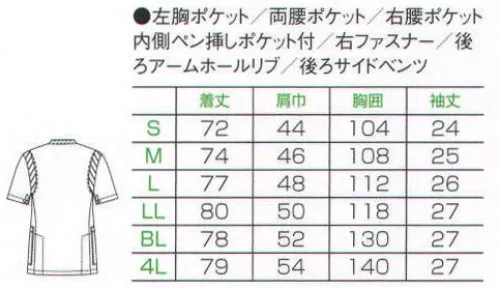 フォーク 1010CR-1 男子上衣（ジャケット） アクティブ派のドクターにおすすめなリブ仕様のケーシー。身頃と袖をつなぐ部分は伸縮性の高いリブ編みを採用。腕の動きにあわせて肩口の生地が伸び縮みし、作業を妨げません。腕の動きラクラク。 サイズ／スペック