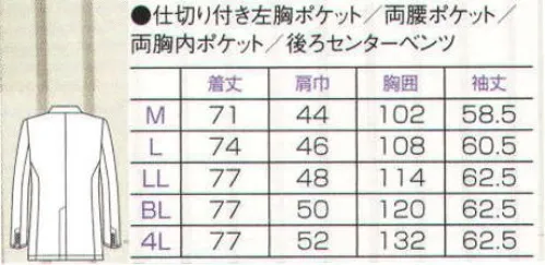 フォーク 1011TW-1 ジャケット（シングル） PHSなどを区分けしてすっきり収納できる二重構造の胸ポケット。細身のシルエットがスマートな印象。患者さんをおもてなしの心で迎えるテーラードスタイル。 サイズ／スペック