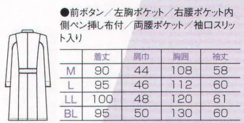 フォーク 1520-1 男性ハーフコート 足さばきの良いハーフ丈が新登場！動きよさ・疲れにくさを実感する薬局衣です。腕の上げ下げや、かがんでの作業もラクに行えるセミセットインラグラン袖。 サイズ／スペック