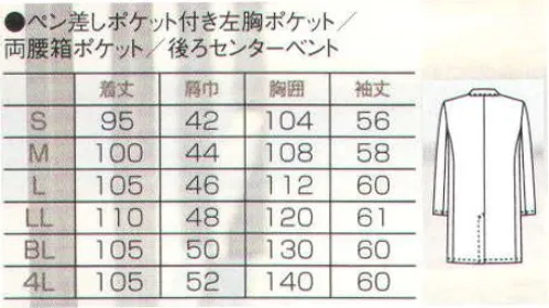 フォーク 1530PO-1 メンズ診察衣シングル 30年来のロングセラーをすっきりしたシルエットに変え、スタイリッシュにリニューアル。衿の形やボタンの位置の変更、着丈、袖巾の変更、袖口の紐をなくしました。こちらの商品は、1着につき1円が国境なき医師団に寄付されます。※旧品番「1518A-1」のリニューアルモデルです。 サイズ／スペック