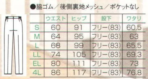 フォーク 2913-1 ストレートパンツ パンツのバック部分にメッシュ素材を使用。透けを防止するとともに、下着のラインのあたりも出にくくなります。ナース・パラメディカルの上衣に合わせられます。同素材のものをお選びください。 サイズ／スペック