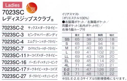 フォーク 7023SC-11 レディスジップスクラブ GOOD DESIGN フォークの商標登録である「ジップスクラブ」は、2014年度グッドデザイン賞を受賞しました。女性たちの意見から生まれた羽織って着るスクラブ。それは、ジップスクラブという新しいカタチ。やや長めの丈に女性らしい曲線を描くシルエット。女性のためのグッドバランスを実現したジップスクラブ新登場！！落ち着きのあるカラーリングにも、首元や袖口に差し色を効かせて。 ●羽織るタイプは、かぶるタイプに比べて着脱がしやすく、メイクなどが付きにくいのも特徴です。 ●右腰の小分けポケットは、サージカルテープやはさみなど小物類の収納に便利なループ付き。 ●PHSの出し入れがしやすいサイズと位置を考慮して、右脇下にポケットを設けています。 重量拡散ポケット。アームホールに小さなショルダーバックを付けたような形状なので、PHSやタブレットなどの重さが四方に分散され、動きを妨げません。「公開特許公報:特開2011-140735」※SS、E-2、E-3サイズは受注生産となります。ご注文後のキャンセル・返品・交換ができませんので、ご注意下さいませ。※受注生産品のお支払方法は、先振込（代金引換以外）にて承り、ご入金確認後の手配となります。 サイズ／スペック