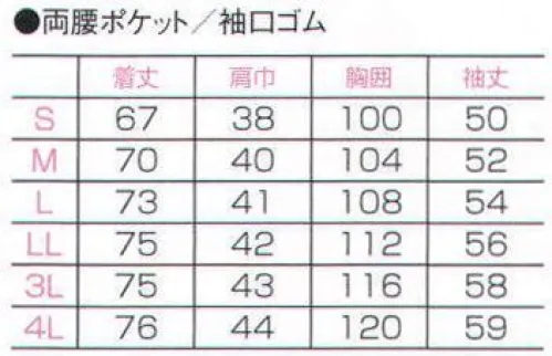 フォーク C201 女子衿なし白衣 長袖  サイズ／スペック