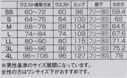 フォーク CK300-9 パンツ 腰部分にストレッチ性のあるニット生地を使用スクラブにあわせて2タイプから選べます・前あきタイプのひも入り総ゴム仕様きちんと感がありながら、総ゴムでウエストひも入りなので履きやすいデザインです。・後腰部分にニット生地を採用通気性があり伸縮性のある生地を使用することで、ムレにくく動きやすくなっています。※男性基準のサイズ展開になっています。女性の方はワンサイズ下がおすすめです。 サイズ／スペック