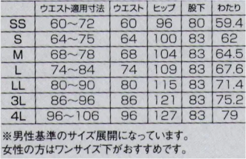 フォーク CK301-10 パンツ 抜群の伸縮性で膝をついた動作もスムーズ・前あきタイプのひも入り総ゴム仕様きちんと感がありながら、総ゴムでウエストひも入りなので履きやすいデザインです。・全方向に伸びるストレッチ生地上下左右に伸縮性のある素材を使用、膝をついてかがむ動作がスムーズ。・PHコントロール加工生地phを、皮膚のバリア機能を守る健康な肌状態とされる弱酸性にキープする加工です。※男性基準のサイズ展開になっています。女性の方はワンサイズ下がおすすめです。 サイズ／スペック