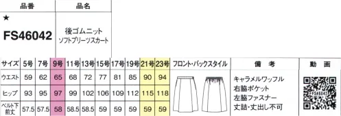 フォーク FS46042-55 後ゴムニットソフトプリーツスカート 58cm丈のソフトプリーツスカートも、後ゴム仕様に。さらにフレアの分量を見直し、スーツに合わせやすいシルエットに。■「ペアケア」マークは抗ウイルス×抗菌防臭の安心生地加工です。「ペアケア」は、繊維上のウイルスや菌を減少させる加工剤。インナー・靴下・タイルなどに使われている実績があります。No Border年齢、身長、体型、タイプ、職種、オンオフ 境界線を越えていこう！新しい自分へ！年齢も体型も働き方も多様化する現在。着こなし自由自在のセットアップは、あらゆる境界線を越えて「心地よく働ける」スタイルが作れます。着るヒトの数だけ、違った「私らしさ」を発揮する「シゴト服」です。※19号・21号・23号は受注生産になります。※受注生産品につきましては、ご注文後のキャンセル返品及び他の商品との交換、色・サイズ交換が出来ませんのでご注意ください。※受注生産品のお支払い方法は、前払いにて承り、ご入金確認後の手配となります。 サイズ／スペック