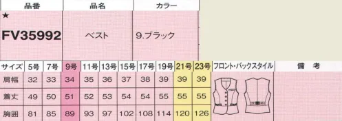 フォーク FV35992-9 ベスト 夏は涼しく、冬はあったか。オールシーズン快適なベスト新登場！ダイヤモンド触媒により、光がない場所や低温時でも消臭・抗菌機能を発揮。特に、夏場気になる汗などのニオイは瞬時に消臭、しかもその効果が長続き。素材の風合いを損ねることがない、夏に心地良い清潔さを保ちます。リボン型のポケットもチャーミング。高級感のあるドット柄ベスト。胸ポケットの下にはペン挿しの邪魔にならない名札専用のミニポケット付き。右ポケット中には印鑑がすっぽり収まるミニポケット付き。背ベルトにより、ウエストのシルエットを調節することができます。 ※19号・21号・23号は受注生産になります。※受注生産品につきましては、ご注文後のキャンセル、返品及び他の商品との交換、色・サイズ交換が出来ませんのでご注意くださいませ。※受注生産品のお支払い方法は、前払いにて承り、ご入金確認後の手配となります。 サイズ／スペック