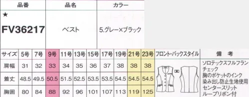 フォーク FV36217-5 ベスト 上質感と清潔を約束するベスト見た目はまるでウールなのに気軽に洗えてお手入れ簡単。上質な進化系チェック。リボーンヌーヴォもっと快適に。もっと働きやすく。にプラスα。もっとカワイク！！働きやすさと快適さにこだわったnuovoのベストがさらに進化しました。新アイテムのリボンを装備した今シーズン登場のベストシリーズ、「リボーンヌーヴォ」。ネームホルダーを固定できるカワイイリボン型ループが付いています。シンプルなベストにプラスアルファー。このちょっとしたアクセントが毎日の気分をちょっぴりハッピーに！Have fun everyday！FULFLANフルフラン「ウールに見えてウールじゃないから気軽に洗える」ウールのような見た目や風合いを持ちながら、ご家庭で洗える新素材。虫食いの心配がないから防虫剤不要でお手入れ簡単。軽さや保温性にも優れています。●名札専用ミニポケット胸ポケットの下にはペン挿しのジャマにならない名札専用のミニポケット付。●インク漏れ防止ポケット胸ポケットの中はペンのインク漏れのしみ出し防止生地を使用。●リボン型ホルダーループベストと共布のリボン付。ネームホルダーを固定、可愛いアクセントにも。●スクエアラウンド襟ネックラインはスクエアとラウンドの合わせ技で、エレガントかつ上品な印象。●ダブルフラップポケットスマホも入るポケットの上にリボンをあしらったスナップタブ付ポケットをオン。●センタースリットセンタースリット入りで動きやすく、いつでも美しいシルエット。※19号・21号・23号は受注生産になります。※受注生産品につきましては、ご注文後のキャンセル、返品及び他の商品との交換、色・サイズ交換が出来ませんのでご注意ください。※受注生産品のお支払い方法は、前払いにて承り、ご入金確認後の手配となります。 サイズ／スペック