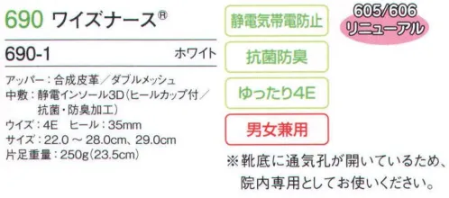 フォーク 690-1 ワイズナース 新開発のソールは、通気性が良く、ムレにくい。エアーバッグよりもクッション性の高い高反発素材を配合したオリジナルソールを作りました。旧品番「605」と「606」をリニューアル致しました。 サイズ／スペック