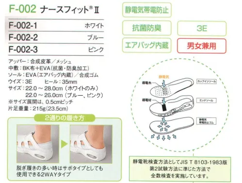 フォーク F-002-1 ナースフィットII かかとをつぶしても履ける脱ぎ履きしやすい2ウェイ型。スニーカーのようにしっかり履いたり、かかとを踏んでサンダルのように履いたり、履き分け自在の2ウェイタイプ。通気性に優れた両サイドスルーデザインと、エアクッション入りで履き心地抜群。※他サイズは「F-002-1-B」に掲載しております。 サイズ／スペック