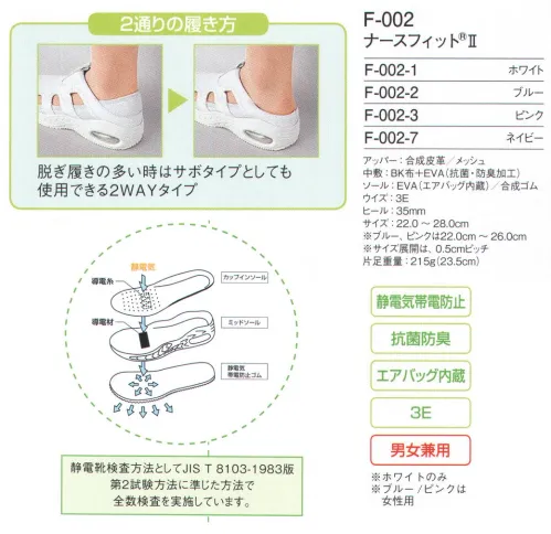 フォーク F-002-7 ナースフィットII かかとをつぶしても履ける脱ぎ履きしやすい2ウェイ型。スニーカーのようにしっかり履いたり、かかとを踏んでサンダルのように履いたり、履き分け自在の2ウェイタイプ。通気性に優れた両サイドスルーデザインと、エアクッション入りで履き心地抜群。※他サイズは「F-002-7-B」に掲載しております。 サイズ／スペック