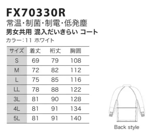 フードマイスター FX70330R 男女共用 混入だいきらいコート 「AB＋  FX低発塵シリーズ」画期的な新素材をミックスして実現！菌やホコリを寄せつけません！身体にやさしく、自己発塵を抑え、制菌、制電性能にも優れた素材で作られた安心できるユニフォームです。新しく高次元・高機能制菌繊維として開発された「マックスペック（R）」と、高度な制電力を実現した高制電糸「ルアナ（R）」の特徴を相乗的に融合させた画期的な新素材を使用しています。 「マックスペック」は、O-157やサルモネラ菌、MRSAなどに対し、繊維上の菌の増殖を抑制する効果が認められています。さらにその抗菌効果は、50回洗濯した後でも持続している事が制菌テストで確かめられました。幅広い制菌効果・持続性のある洗濯耐久性のほか、皮膚刺激性など各種安全性試験にも合格、体にやさしい安心できる素材となっています。ノンホルマリン系制菌剤を使用した加工素材として、SEK（赤ラベル）の厳しい「安全性基準」をすべてクリアー。「制菌性」「安全性」が認められたSEK制菌加工素材として認証された最初の素材です。「ルアナ」は繊維の内部に導電性微粒子（カーボンブラック）を混入して、発生した静電気を直ちに分解する導電性繊維の性能をもつことにより、極めて高度な制電力を実現した画期的な高制電糸です。従来手法のように後加工で付加した性能ではなく、優れた製糸技術が生みだした、糸そのものが持つ性能なので、洗濯などによる劣化がほとんどありません。また、自己発塵が最小になるとともに、静電気による吸着塵埃の除去が容易なフィラメントと組合せ、低発塵型素材としても優れています。クリーンルームISOクラス5対応。 ※FX70330よりリニューアル致しました。【変更箇所】・トリカット型へ変更。(作業性を高め、腕の上げ下げや、肩のつっぱりを解消)・インナーネット付け方変更=ステッチ2本→1本(袖口・ボディ)・袖口ジャージ長さ6cm→8cm・セミオートマチックコイルファスナー(スライダーのロックが可能)・スタンドカラー5cm→3cm・衿元ファスナー(端を衿の中に入れ、肌に触れる部分をなくす)※洗濯時の注意:液温は、60度を限度とし、ファスナーやマジックテープは閉じて洗濯機の弱水流、または弱い手洗いで洗って下さい。 ※この商品はご注文後のキャンセル、返品及び交換は出来ませんのでご注意下さい。※なお、この商品のお支払方法は、先振込（代金引換以外）にて承り、ご入金確認後の手配となります。 サイズ／スペック