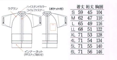 フードマイスター FX70945P 男女共用 混入だいきらいジャケット 半袖（ポケット付/受注生産） 「FXセレクト」常温タイプ。暑い環境に最適の半袖ジャケット。シワになりにくく丈夫で洗濯耐久性が高い。気温25℃未満の比較的涼しい環境向け。ポケットが付いたタイプ(後加工)上着の左胸内側に着きます。貼り付けポケット=マジックテープ付、15×17cm※海外生地・海外染色の為、若干色ブレが発生する事があります。 ※この商品は受注生産品となっております。※受注生産品につきましては、ご注文後のキャンセル、返品及び他の商品との交換、色・サイズ交換が出来ませんのでご注意ください。※受生生産品のお支払い方法は、先振込（代金引換以外）にて承り、ご入金確認後の手配となります。（加工前の商品在庫がある場合、納期は約2～3週間となります）※「6Lサイズ」は、販売を終了致しました。 サイズ／スペック