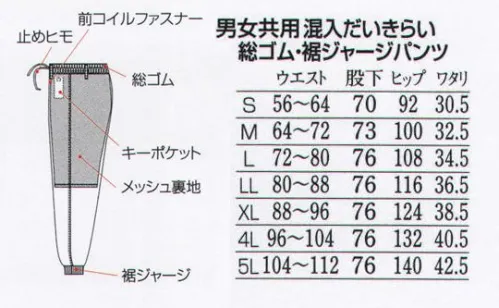 フードマイスター FX70947J 男女共用 混入だいきらいパンツ 総ゴム・裾ジャージ 「FXセレクト」常温タイプ。ウエスト部分が全てゴムで裾口を絞ったパンツ。シワになりにくく丈夫で洗濯耐久性が高い。気温25℃未満の比較的涼しい環境向け。※こちらの商品はリニューアル致しました。【変更箇所】・裏地(紺→グレー)・足裾口ジャージの長さ6cm→8cm※海外生地・海外染色の為、若干色ブレが発生する事があります。 ※この商品はご注文後のキャンセル、返品及び交換は出来ませんのでご注意下さい。※なお、この商品のお支払方法は、先振込（代金引換以外）にて承り、ご入金確認後の手配となります。 サイズ／スペック