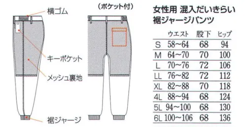 フードマイスター FX70948K 女性用 混入だいきらいパンツ 裾ジャージ（ポケット付/受注生産） 「FXセレクト」常温タイプ。ウエストのサイドがゴムで裾口を絞ったパンツ。シワになりにくく丈夫で洗濯耐久性が高い。気温25℃未満の比較的涼しい環境向け。ポケットが付いたタイプ(後加工)。パンツの右後外側に付きます。貼り付けポケット=天ブタ付ポケット マジック無し。15×17cm※海外生地・海外染色の為、若干色ブレが発生する事があります。 ※この商品は受注生産品となっております。※受注生産品につきましては、ご注文後のキャンセル、返品及び他の商品との交換、色・サイズ交換が出来ませんのでご注意ください。※受生生産品のお支払い方法は、先振込（代金引換以外）にて承り、ご入金確認後の手配となります。（加工前の商品在庫がある場合、納期は約2～3週間となります）※「6Lサイズ」は、販売を終了致しました。 サイズ／スペック