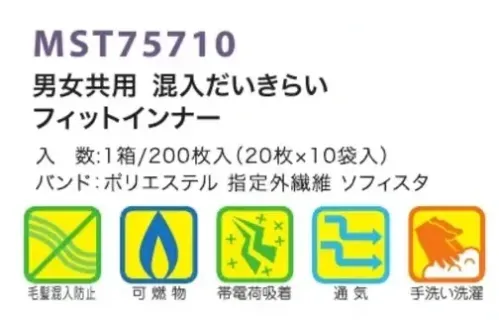 フードマイスター MST75710-11 男女共用 混入だいきらいフィットインナー（200枚入）ホワイト 抜け毛やホコリを帯電荷で抑える洗濯可能なインナーキャップです。吸汗速乾素材ソフィスタを使用することで顔周りのベタつきを抑え快適に保ちます。汗止め効果のあるフィットバンドが顔との隙間をなくして毛髪が外に出ません。繰り返し約10回程度洗濯できる耐久性。水洗いで10回程度までの洗濯に耐え、表面電荷密度を維持します。電石化した極細不織布が、抜け毛やフケ・ミクロのホコリを強力に吸着。付け心地の良いベルトと従来の電石効果を合わせもち、通気性にも配慮。 ※この商品は、ご注文後のキャンセル・返品・交換ができませんので、ご注意下さい。※なお、この商品のお支払方法は、先振込（代金引換以外）にて承り、ご入金確認後の手配となります。 サイズ／スペック