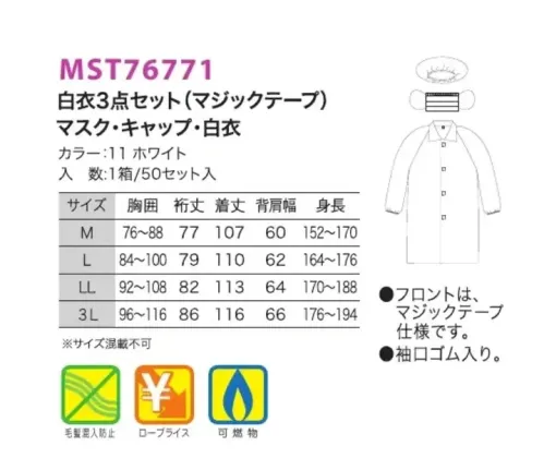 フードマイスター MST76771 白衣3点セット（マジックテープ）（50セット） マスク・キャップ・白衣。軽くて丈夫。使いやすくて高性能。汚れをシャットアウト。防汚/見学者用など用途に合わせてお使い下さい。 ※この商品はご注文後のキャンセル、返品及び交換は出来ませんのでご注意下さい。※なお、この商品のお支払方法は、先振込（代金引換以外）にて承り、ご入金確認後の手配となります。 サイズ／スペック