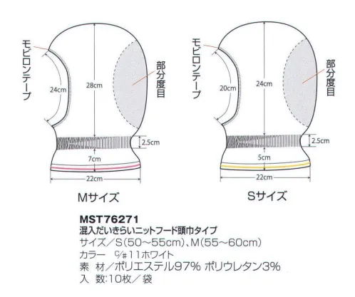 フードマイスター MST76271 混入だいきらいニットフード 頭巾タイプ（10枚入） 首（後部）部分にシャーリングを編み込み、圧迫感を軽減し、その上、頭巾と連動したインナー全体のねじれを防止します。 肌に優しい機能素材を使用、後頭部の部分度目が（ぶぶんどもく）が頭髪の多い方にも対応します。吸汗速乾性の東レの素材キュープアクアを使用。その上、後頭部部分に特殊網工法の部分度目（ぶぶんどもく）網を採用。長髪の女性が髪をアップにした時に後ろに生地を取られ、額・もみあげの露出がある場合があります。ニットフード・ニットキャップは、後頭部部分で自然に伸縮し包み込み、全体でズレを防止します。 ※この商品は、ご注文後のキャンセル・返品・交換ができませんので、ご注意下さい。※なお、この商品のお支払方法は、先振込（代金引換以外）にて承り、ご入金確認後の手配となります。 サイズ／スペック