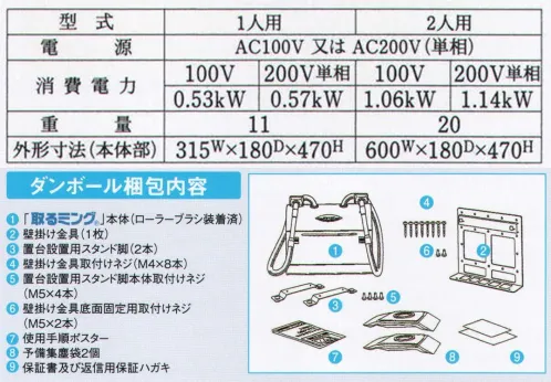 フードマイスター MST76911-100V 毛髪・塵埃除去機（1人用）100V用 「取るミング（R）」粘着ローラーに替わって確実に吸い取ります。毛髪やホコリなど異物混入の防止は、衛生の基本です。シワや織目などに入り込んだ異物を回転ブラシで掻き出し、素早く確実に吸い取ります。吸引の「強弱」や「時間」をワンタッチで調節できます。集塵袋交換をランプでお知らせします。 ※この商品は、ご注文後のキャンセル・返品・交換ができませんので、ご注意下さい。※なお、この商品のお支払方法は、先振込（代金引換以外）にて承り、ご入金確認後の手配となります（納期は約1週間となります）。 サイズ／スペック