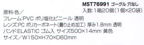 フードマイスター MST76991 ゴーグル 穴なし（20個/箱） メガネの上からかけられます。広い視野を確保し、空気中に浮遊する粉塵や薬液の飛沫、飛来物から目を守ります。柔らかい素材が顔にフィットし機密性を高めます。 ※この商品は、ご注文後のキャンセル・返品・交換ができませんので、ご注意下さい。※なお、この商品のお支払方法は、先振込（代金引換以外）にて承り、ご入金確認後の手配となります。 サイズ／スペック