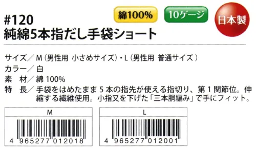 福徳産業 120 純綿指だし手袋ショート 手袋をはめたまま5本の指先が使える指切り、第一関節位。伸縮する繊維使用。小指又を下げた「三本胴編み」で手にフィット。品質の良い手袋ならやっぱり日本製。福徳産業(株)の手袋はすべて小指又を下げて編んだ「三本胴編み」です。小指又が下がったことで、より手の形に近く、フィットする手袋になりました。今までと違うフィット感！軍手はどれも同じだと思っていませんか？福徳産業の手袋は「日本製」です。安心・安全の品質だけではありません。一日仕事をしても「疲れにくい工夫」がされています。小指又を下げて編む製法「三本胴編み」小指又を下げて編むと・・・使う頻度の多い小指の指又がピッタリフィット！はめた感じが手になじみ、作業が楽になる！人の手は、小指が、人差し指・中指・薬指の3本より下にあります。福徳産業の軍手は全て小指又が下がっています。※この商品はご注文後のキャンセル、返品及び交換は出来ませんのでご注意下さい。※なお、この商品のお支払方法は、先振込（代金引換以外）にて承り、ご入金確認後の手配となります。 サイズ／スペック