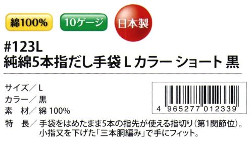 福徳産業 123L 純綿指だしLカラーショート 手袋をはめたまま5本の指先が使える指切り、第一関節位。伸縮する繊維使用。小指又を下げた「三本胴編み」で手にフィット。品質の良い手袋ならやっぱり日本製。福徳産業(株)の手袋はすべて小指又を下げて編んだ「三本胴編み」です。小指又が下がったことで、より手の形に近く、フィットする手袋になりました。今までと違うフィット感！軍手はどれも同じだと思っていませんか？福徳産業の手袋は「日本製」です。安心・安全の品質だけではありません。一日仕事をしても「疲れにくい工夫」がされています。小指又を下げて編む製法「三本胴編み」小指又を下げて編むと・・・使う頻度の多い小指の指又がピッタリフィット！はめた感じが手になじみ、作業が楽になる！人の手は、小指が、人差し指・中指・薬指の3本より下にあります。福徳産業の軍手は全て小指又が下がっています。※「黒」以外は、販売を終了致しました。※この商品はご注文後のキャンセル、返品及び交換は出来ませんのでご注意下さい。※なお、この商品のお支払方法は、先振込（代金引換以外）にて承り、ご入金確認後の手配となります。 サイズ／スペック