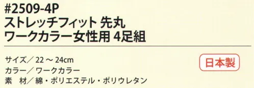 福徳産業 2509-4P ストレッチフィット 先丸 ワークカラー 女性用(4足組） 消臭糸入りで快適！気になるニオイの対策に！4足組※この商品はご注文後のキャンセル、返品及び交換は出来ませんのでご注意下さい。※なお、この商品のお支払方法は、先振込（代金引換以外）にて承り、ご入金確認後の手配となります。 サイズ／スペック